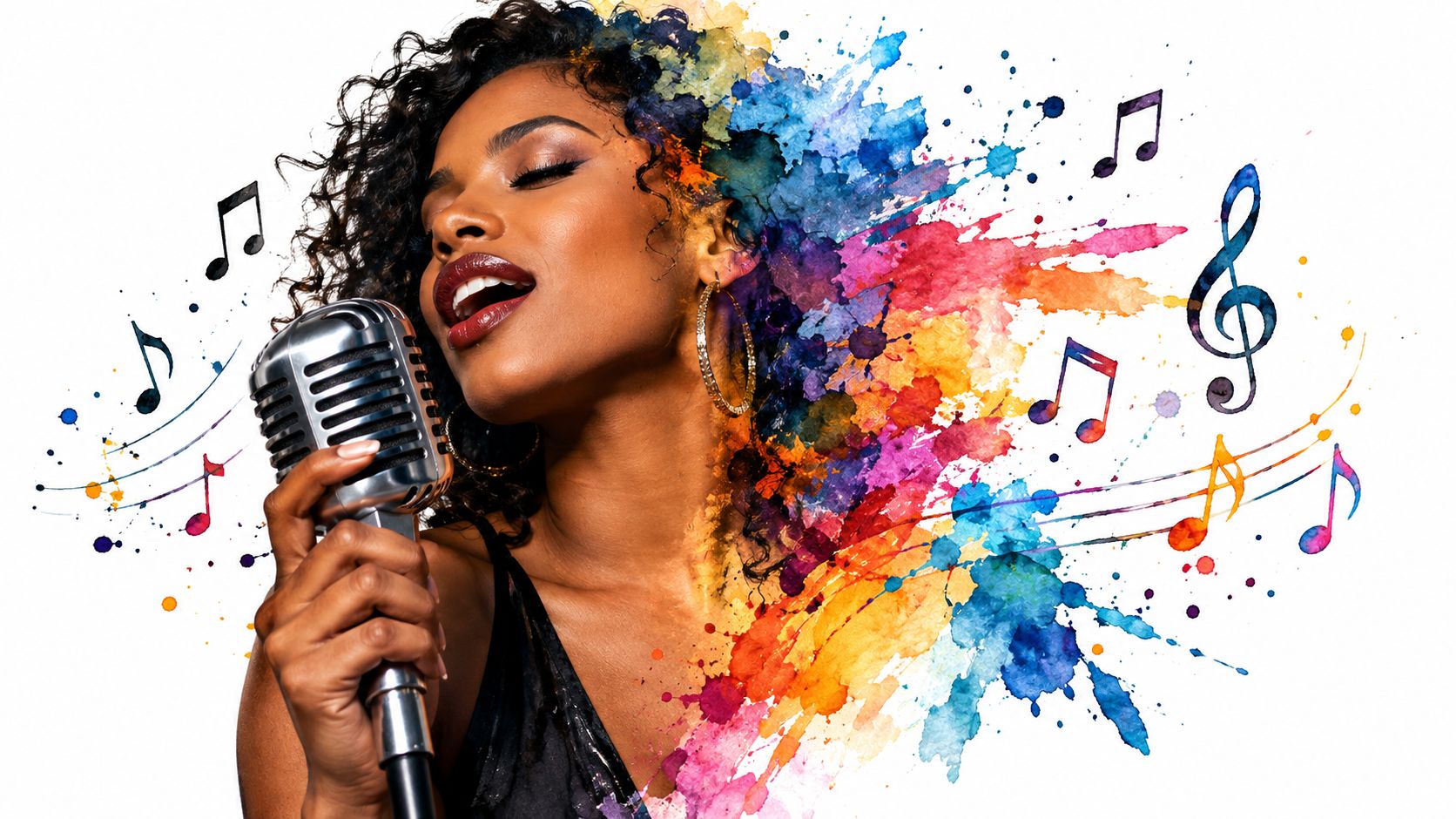 A woman singing into a vintage microphone with vibrant colorful watercolor splashes and musical notes behind her.