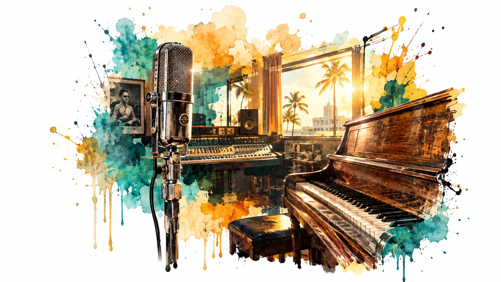 A artistic watercolor illustration of a vintage recording studio with a microphone and a grand piano.