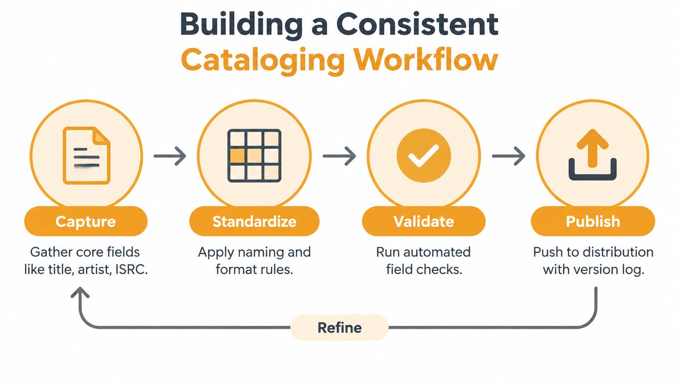 A diagram illustrating a four-step consistent cataloging workflow involving capture, standardize, validate, and publish stages.