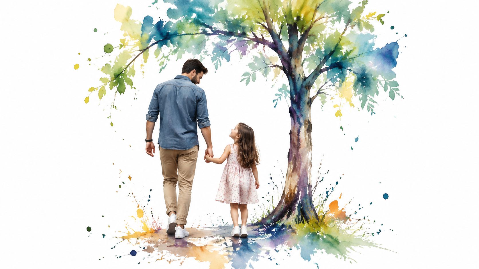 A father and his young daughter walking hand-in-hand next to a beautiful colorful watercolor style tree.