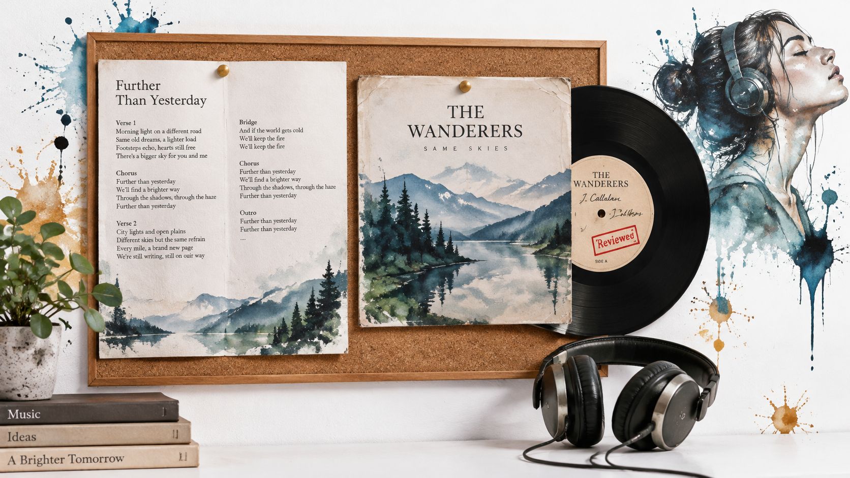 A cork board with song lyrics, an album cover, and a vinyl record, featuring watercolor nature art.