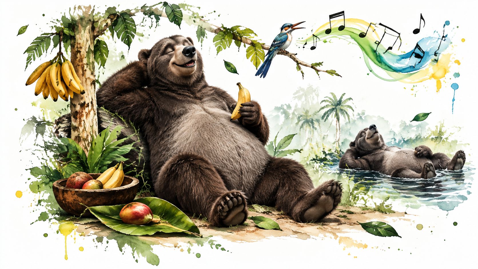A relaxed brown bear resting against a tree eating a banana while another bear swims nearby.