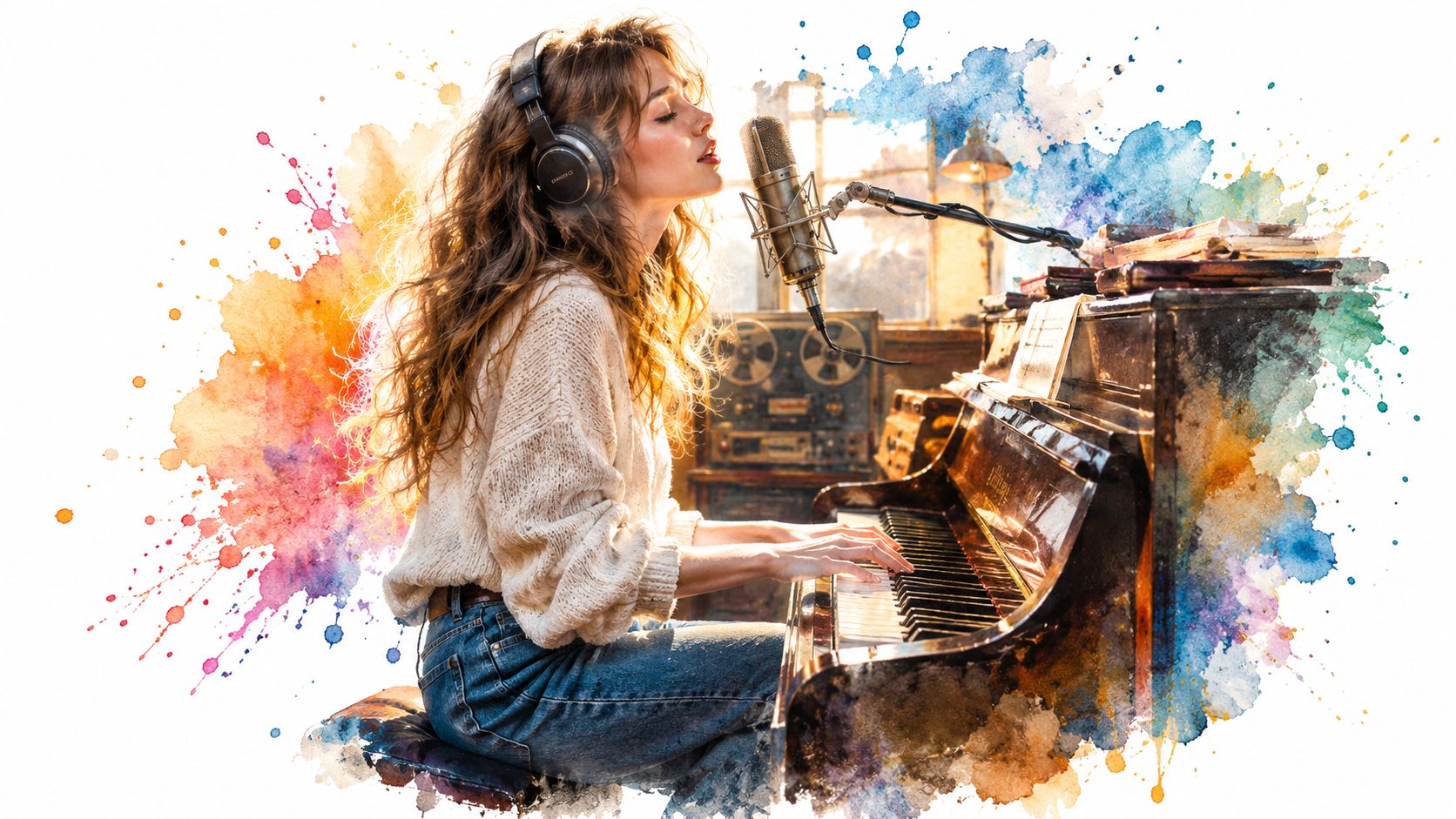 A talented young woman with long hair singing and playing the piano in a cozy recording studio.