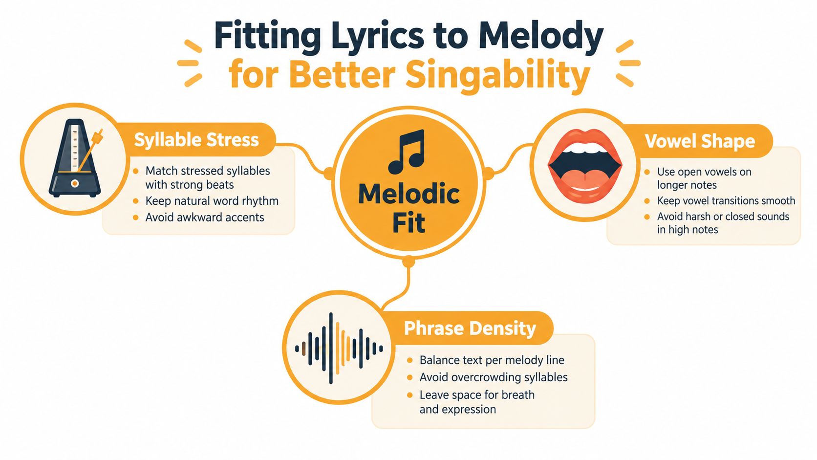 An infographic titled Fitting Lyrics to Melody for Better Singability, explaining syllable stress, vowel shape, and phrase density.