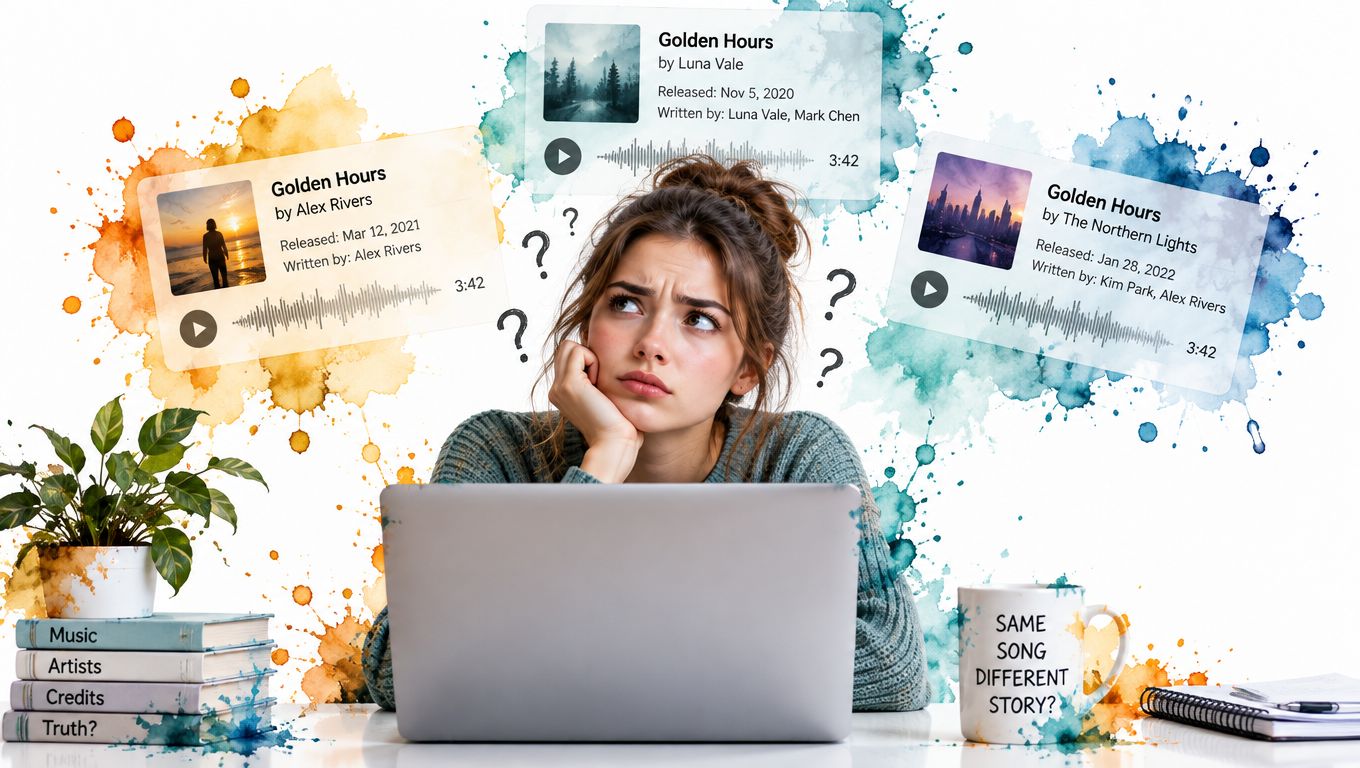 A confused woman looking at a laptop with multiple conflicting music metadata search results surrounding her.