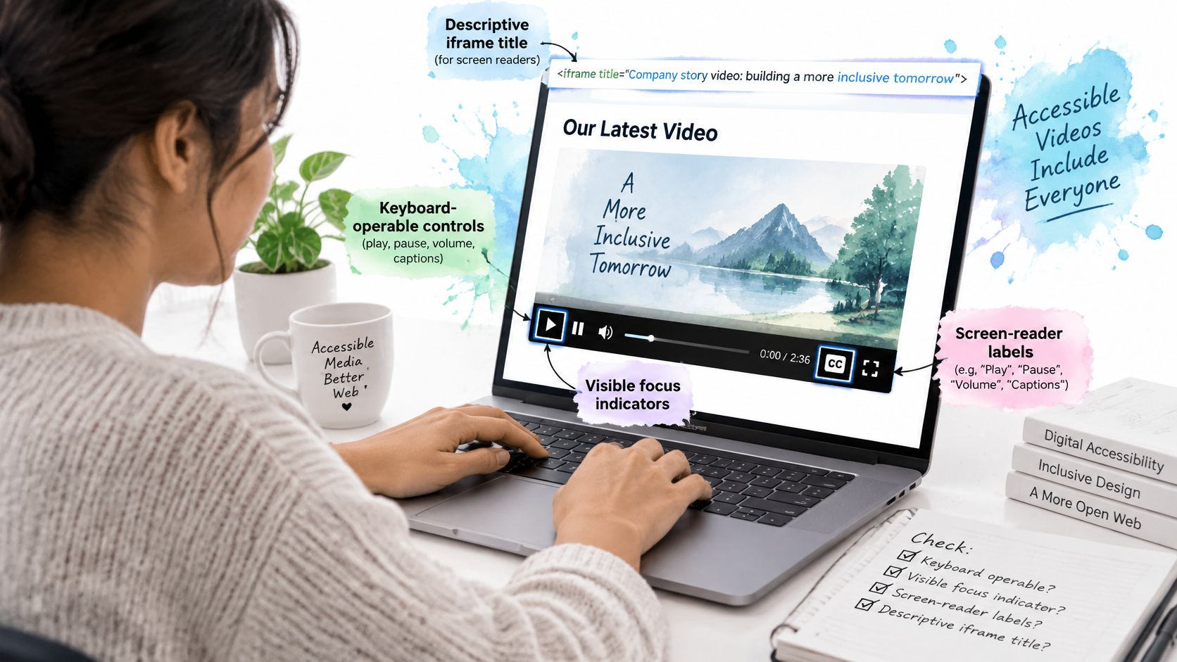A person using a laptop to learn about creating accessible video embeds with clear, descriptive UI elements.