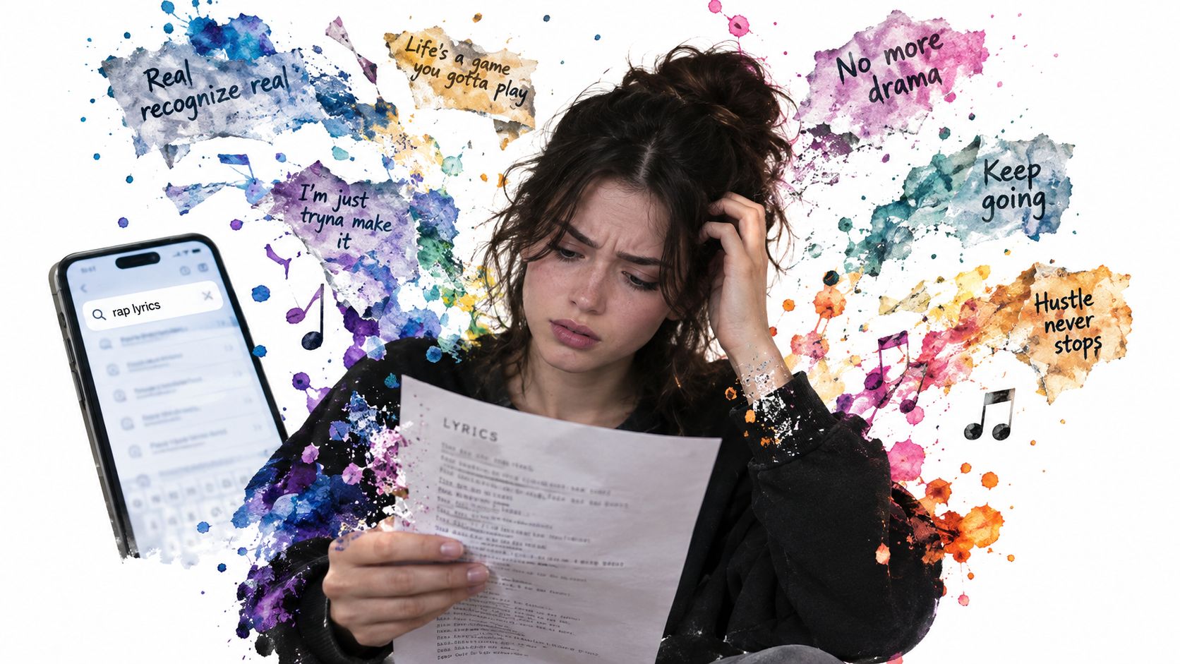 A young woman looking stressed while reading song lyrics, surrounded by colorful abstract paint splatters and text.