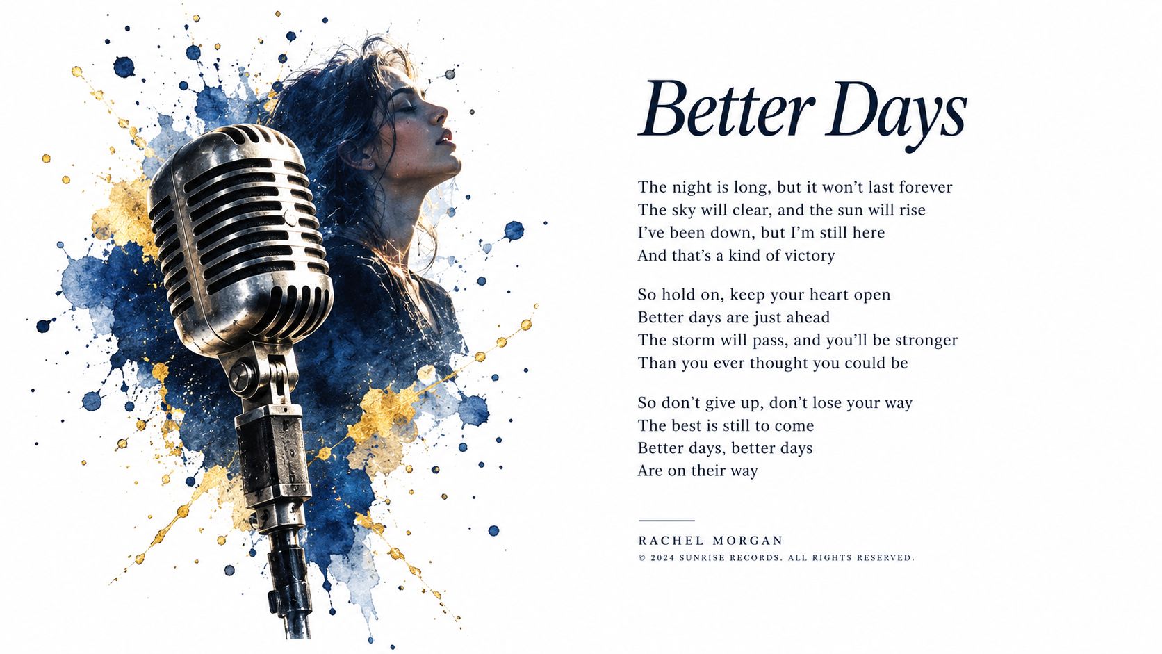 A vintage microphone and a profile view of a woman with watercolor art on a white background.