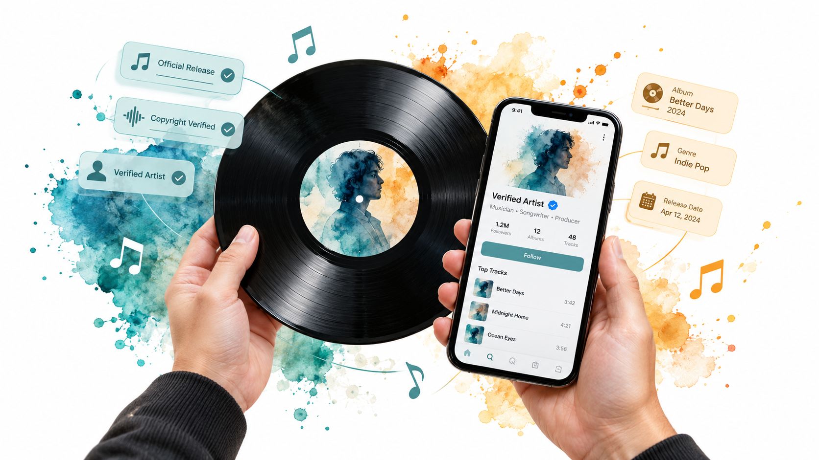 A person holds a vinyl record and a smartphone displaying artist profile information and digital music analytics.