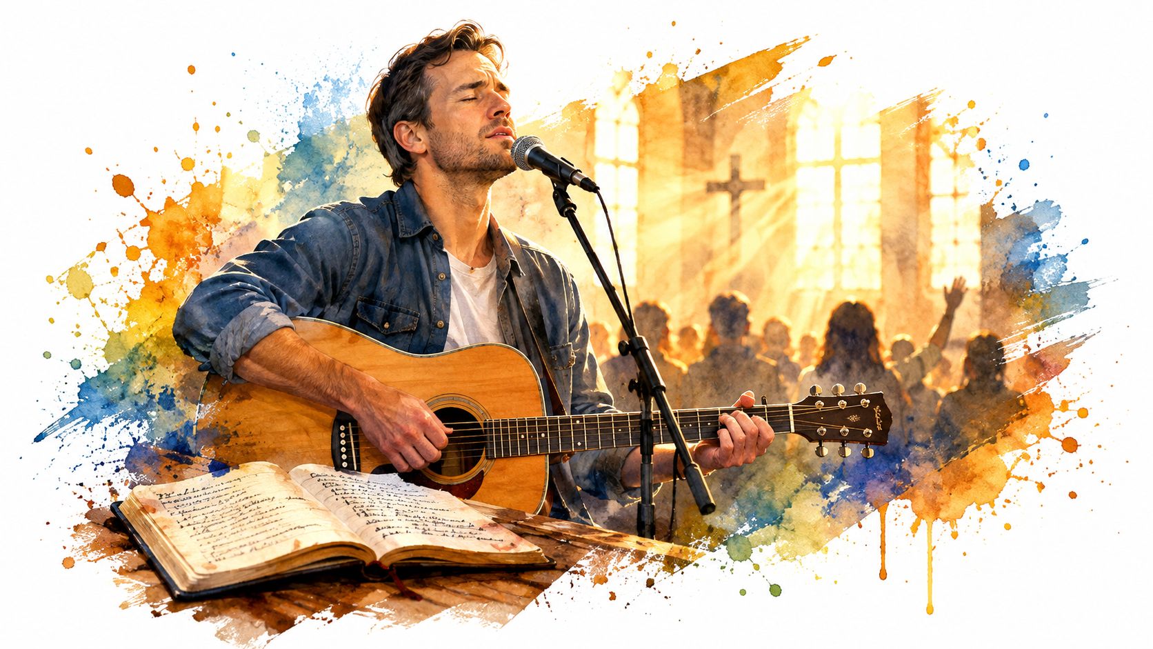 A man playing acoustic guitar and singing in a church with watercolor paint splash artistic effects.