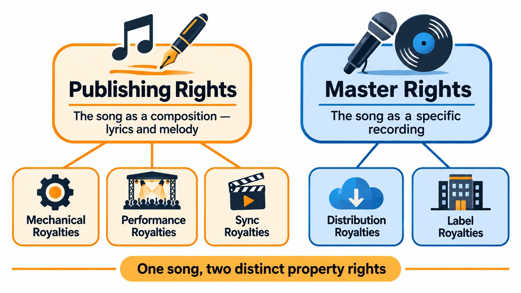 An infographic showing the two distinct property rights of music: publishing rights versus master rights and royalties.