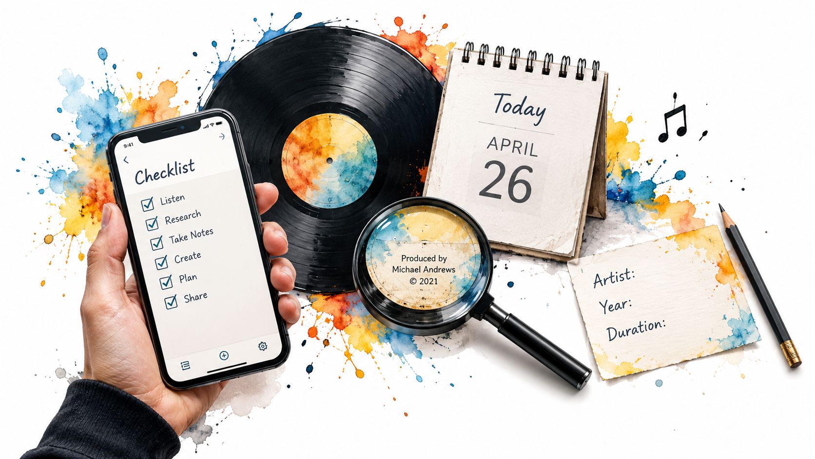 A hand holding a smartphone with a music checklist beside a vinyl record, calendar, and magnifying glass.