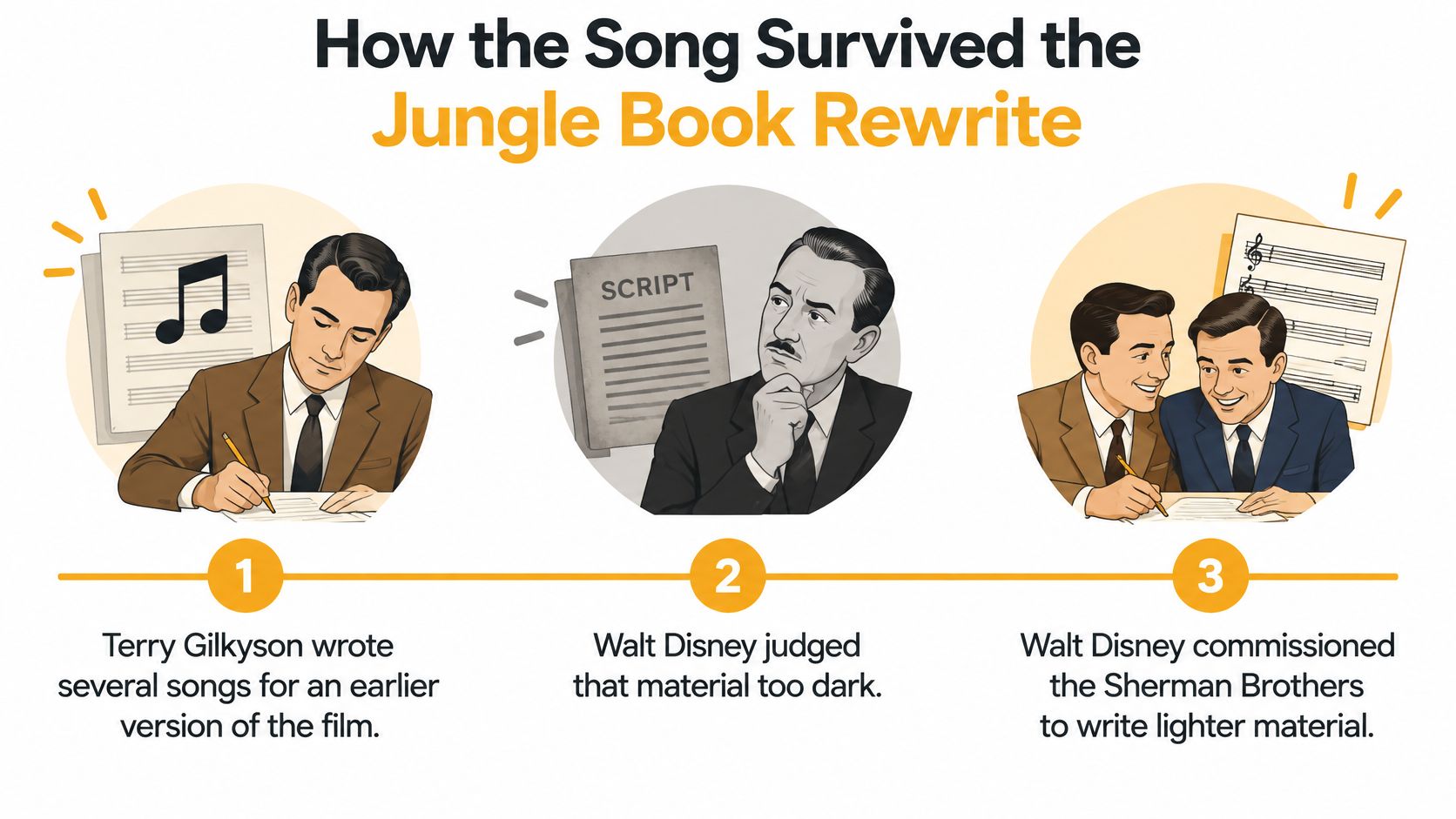 An infographic detailing the creation process of songs for Disney's Jungle Book in three sequential steps.