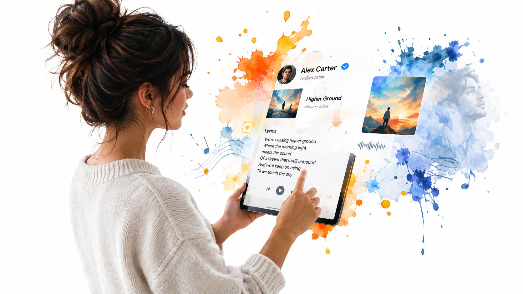 A young woman interacting with a digital interface showcasing music lyrics, album art, and a profile.
