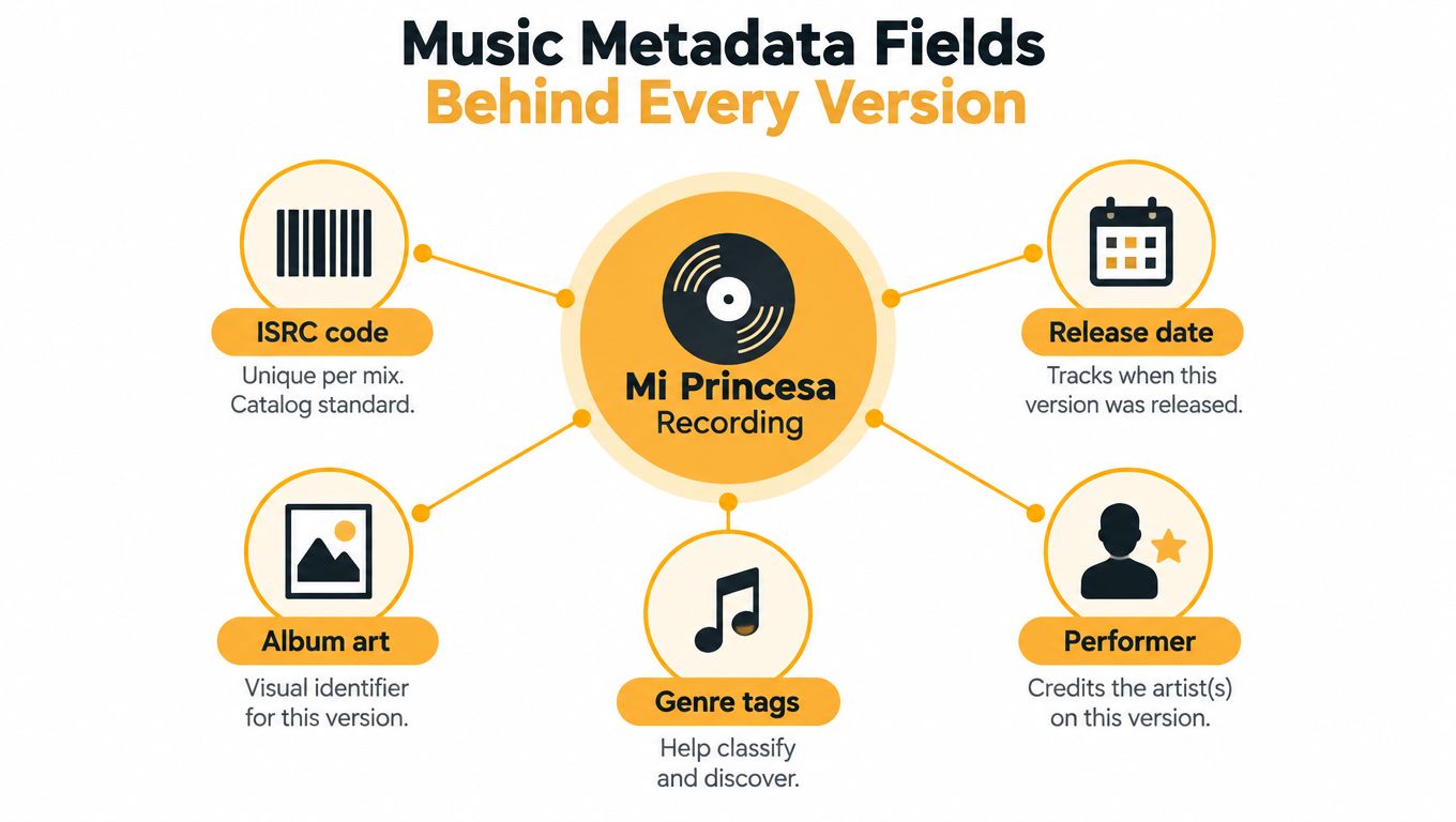 A diagram displaying essential music metadata fields like ISRC code, release date, album art, genre, and performer.