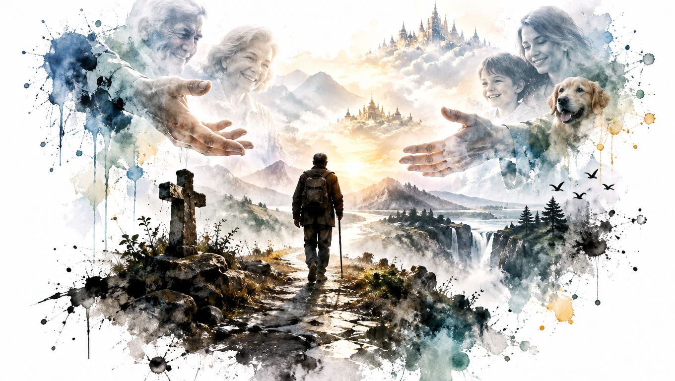 A digital painting of a traveler walking towards a heavenly kingdom with welcoming family figures above.