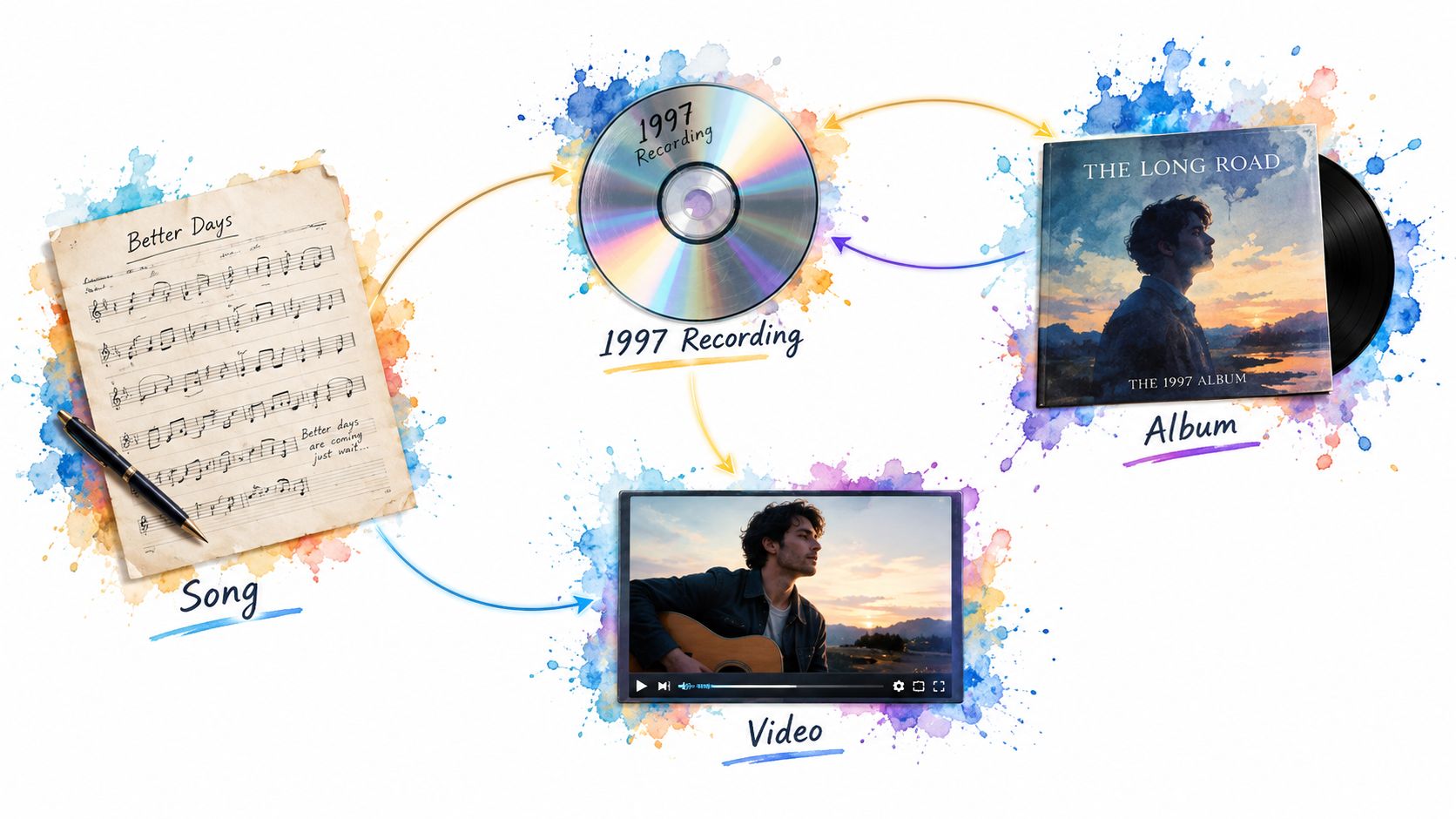 A creative infographic illustrating the production journey from song composition to album release and music video.