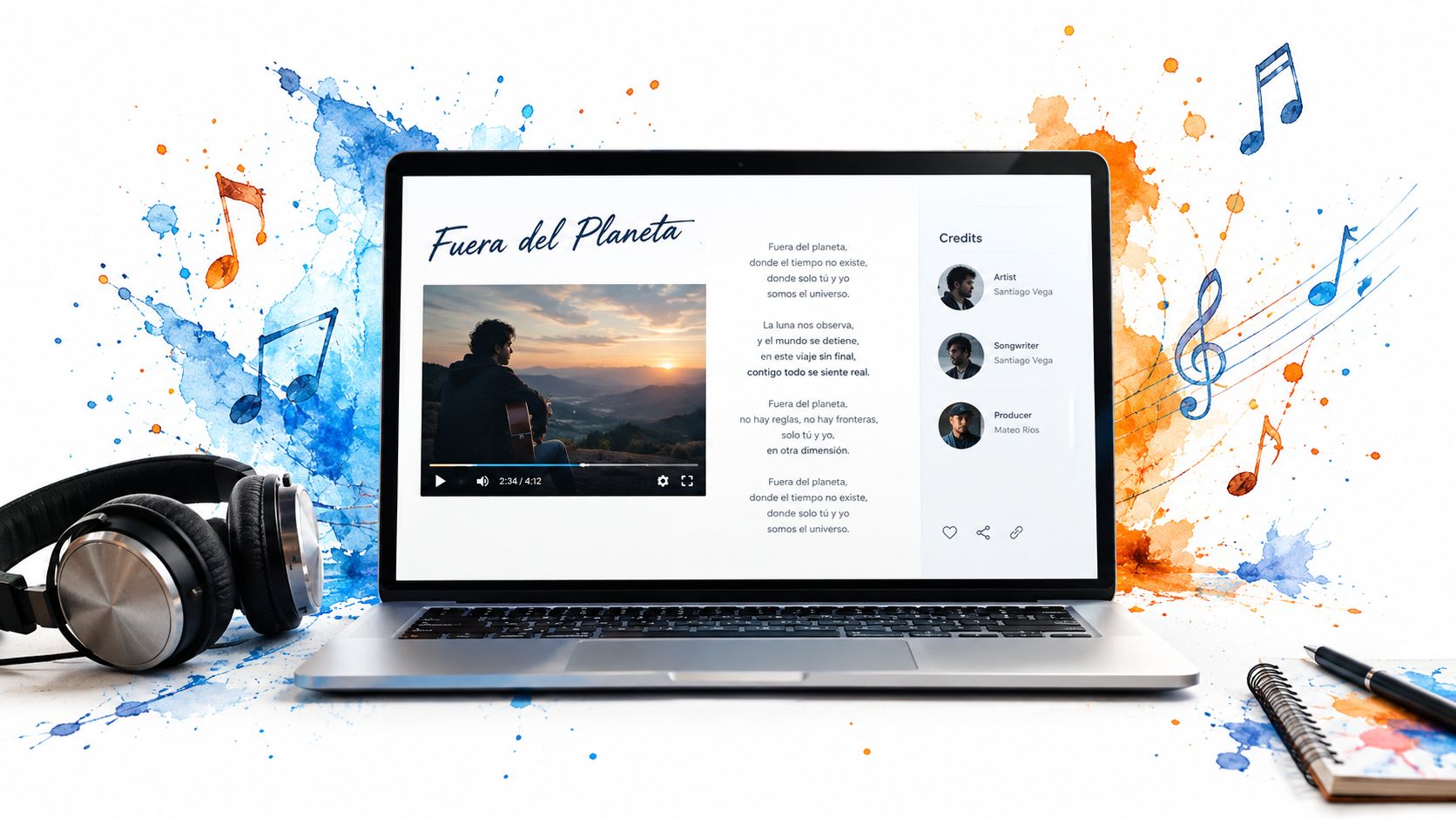 A laptop screen displaying the lyrics and credits for the song Fuera del Planeta with artistic musical background.