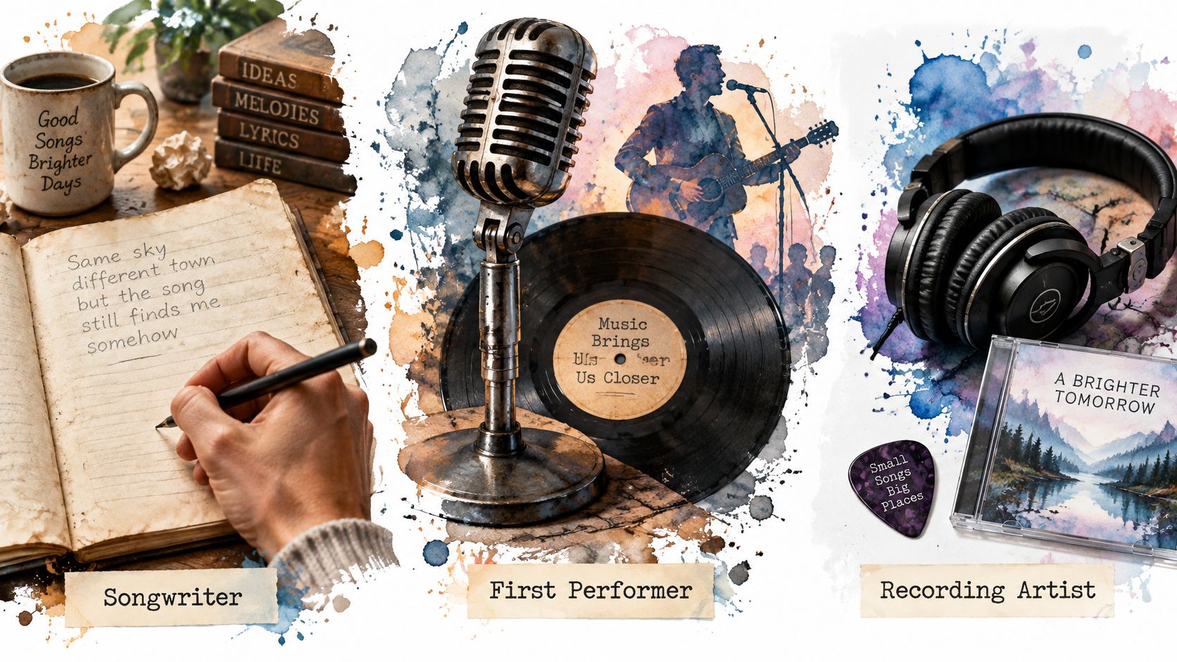A creative collage featuring songwriting, a microphone, a guitarist, headphones, and a CD for music production.