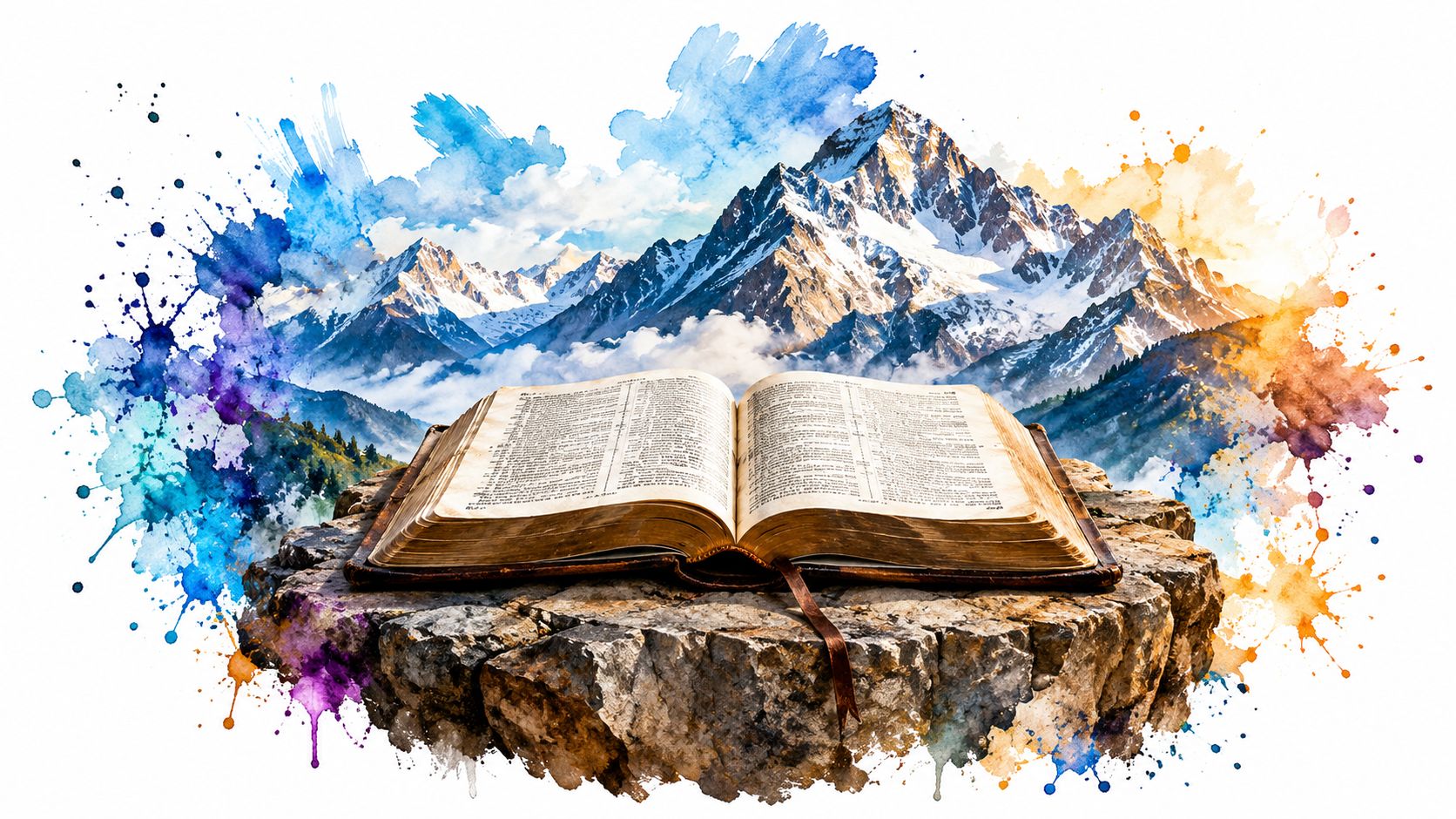 An open antique book resting on a jagged rock floating before majestic snow-capped mountain peaks with watercolor effects.