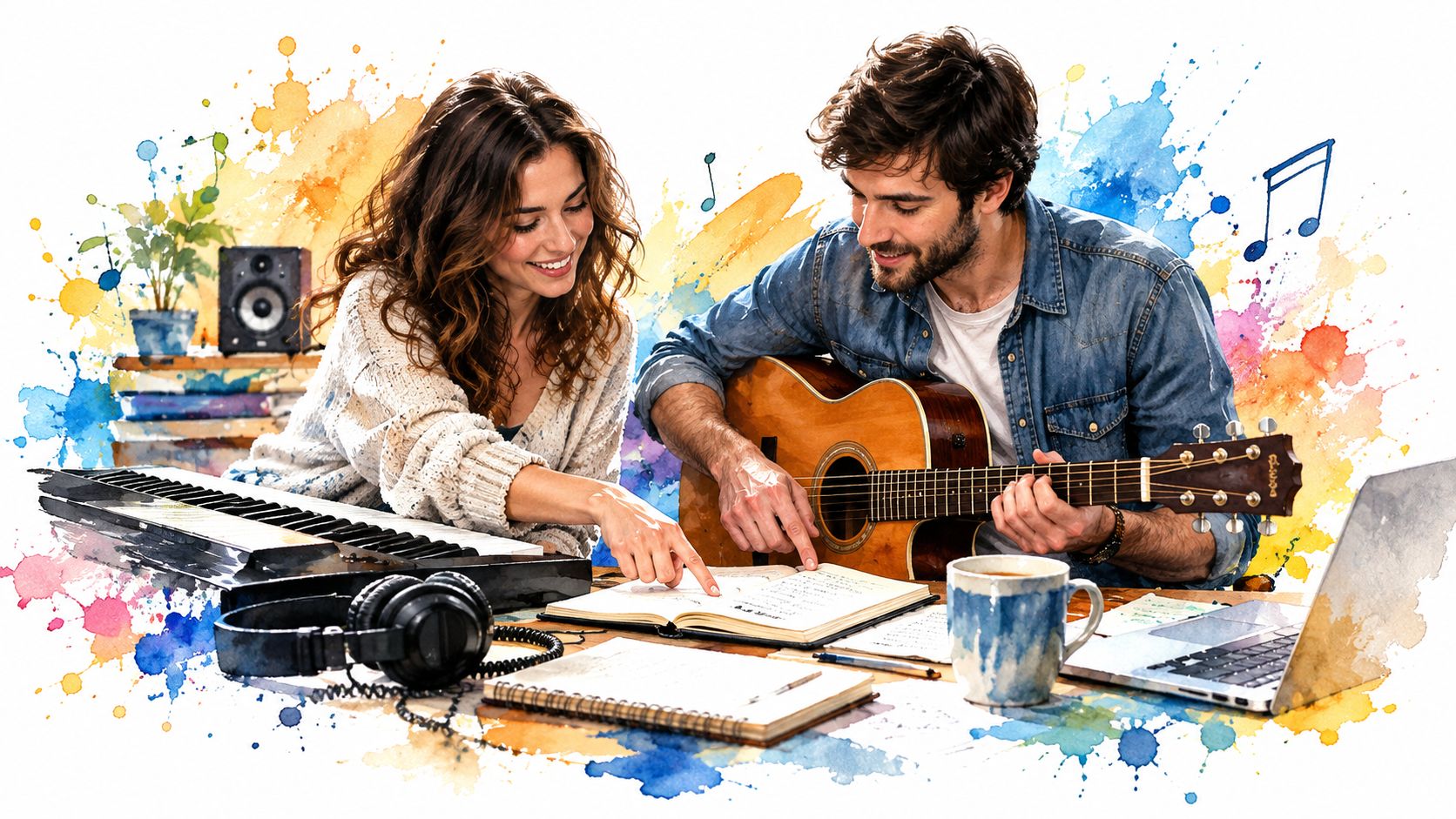 A smiling young couple collaborating on songwriting, with a guitar, keyboard, notebook, and laptop in a creative studio.