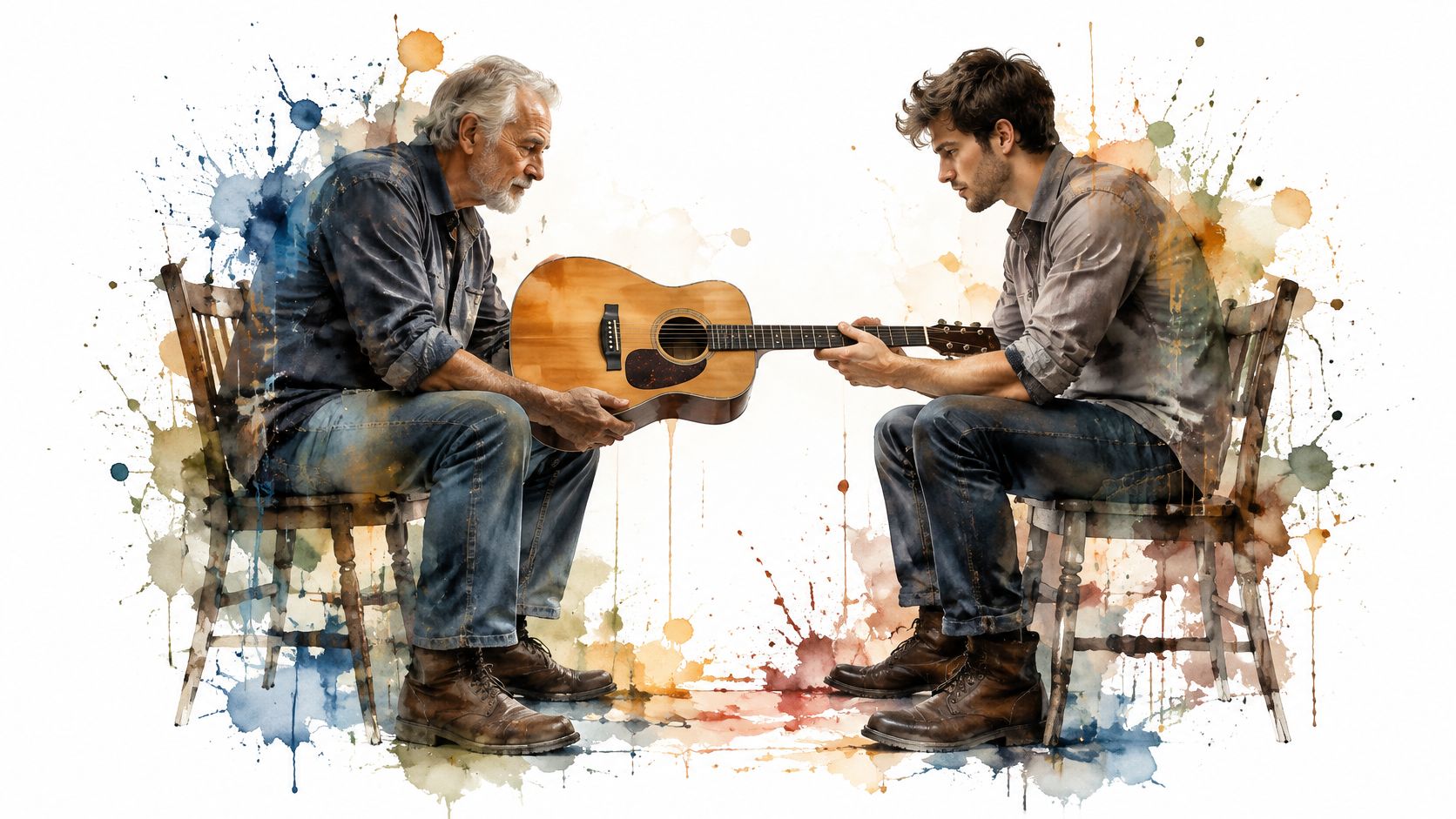 An elderly man teaching a young man how to play an acoustic guitar on wooden chairs.