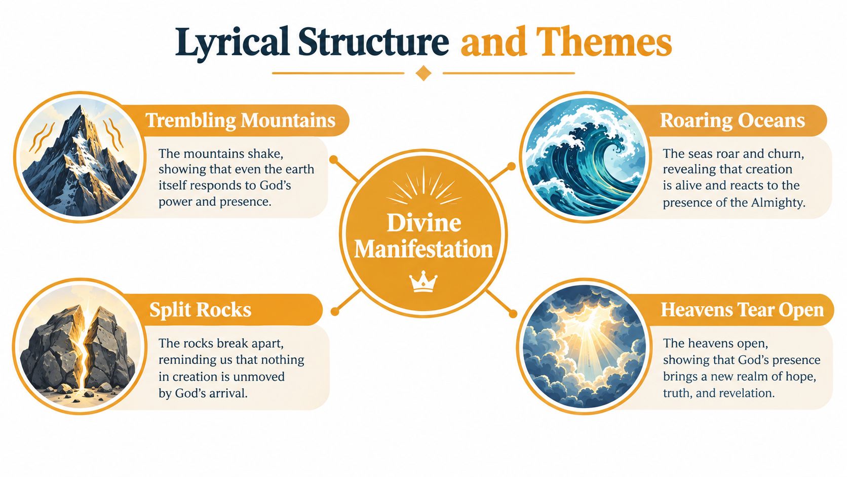 An infographic titled Divine Manifestation illustrating four natural themes representing God's power through mountains, oceans, rocks, and heavens.