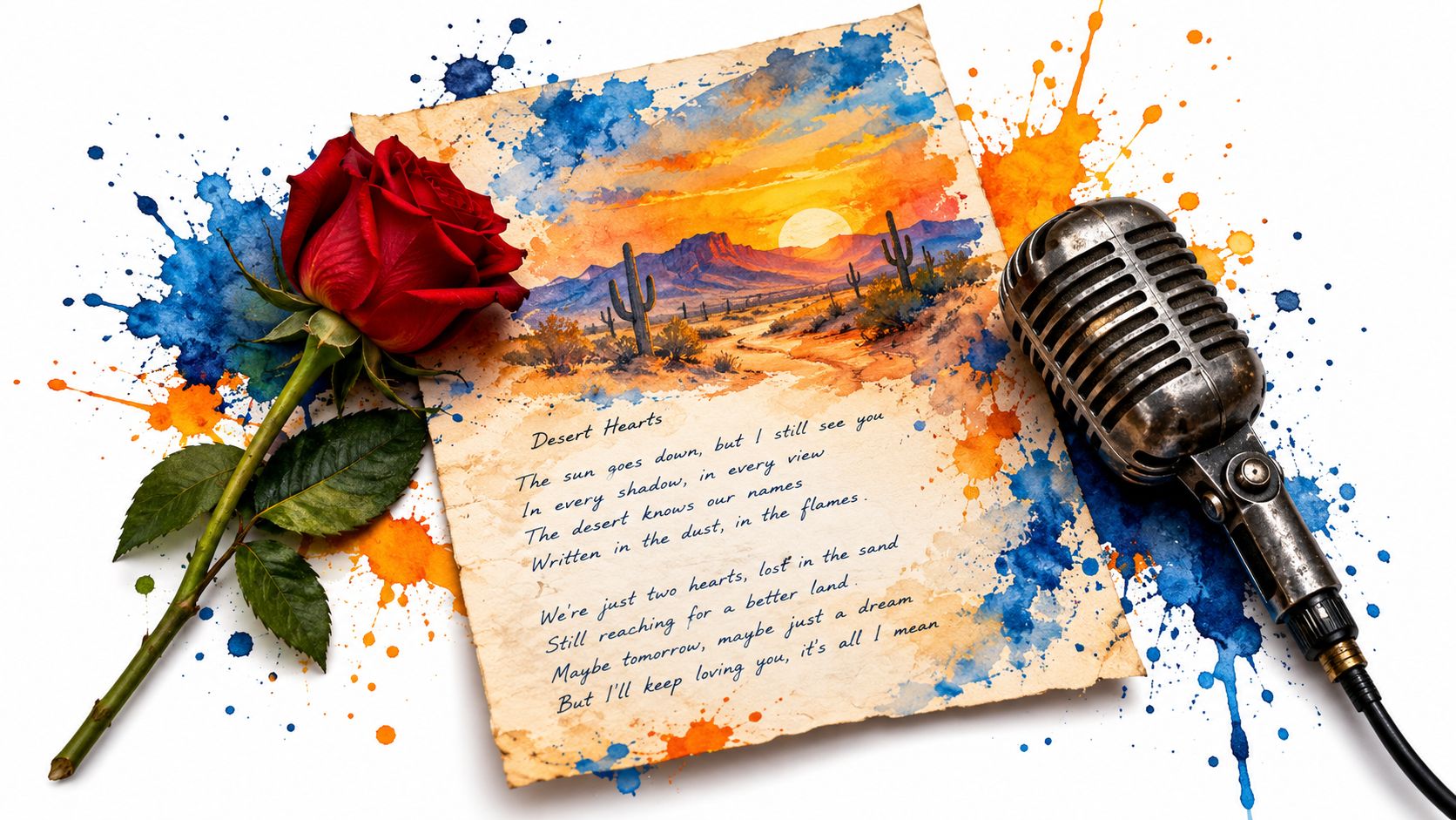 A vintage microphone and a red rose rest on a piece of paper displaying poem lyrics.