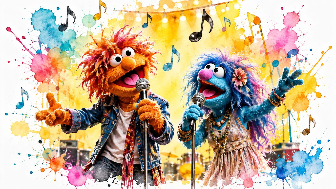 Two colorful Muppet puppets singing into microphones on stage against a vibrant watercolor background with musical notes.