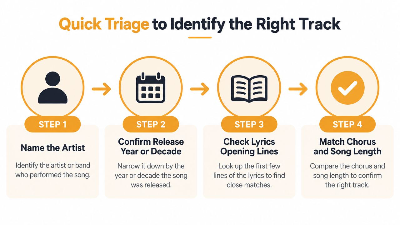 A four-step infographic illustrating a process to identify a song by artist, year, lyrics, and length.