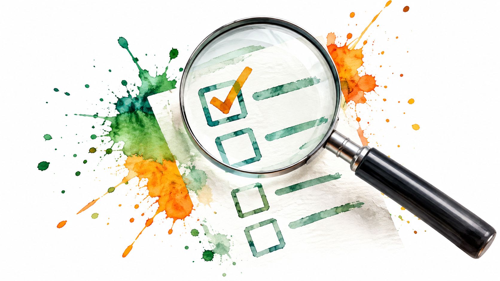 A magnifying glass focused on a checklist with a checkmark, surrounded by artistic watercolor paint splatters.