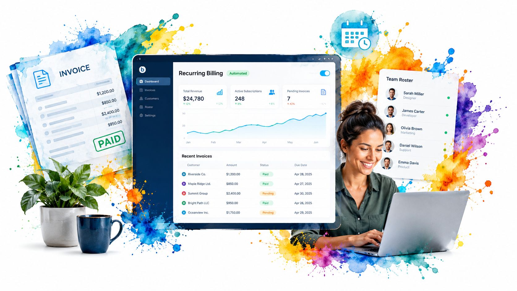 A businesswoman smiling while using a laptop to view team management software with analytics and invoices.