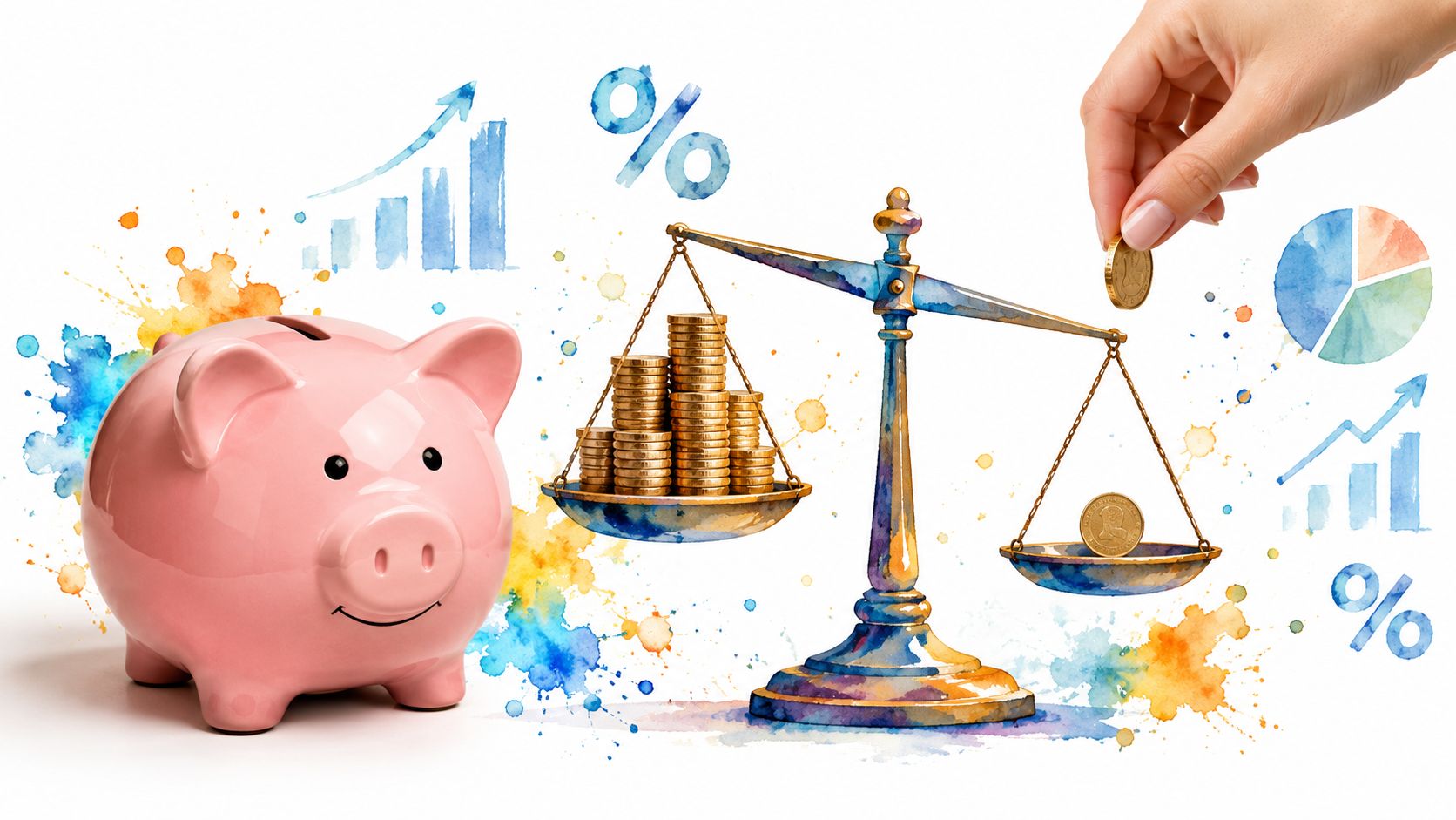 A piggy bank beside a scale balancing coins with financial icons like charts and percentage signs.