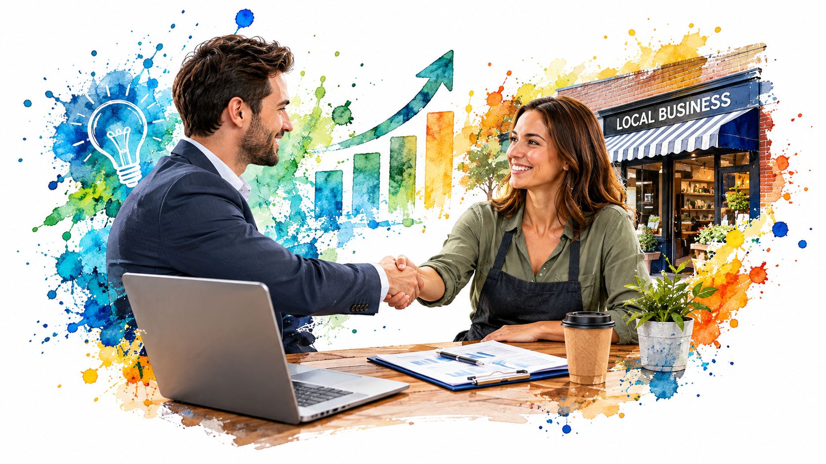 A professional business consultant shaking hands with a local small business owner to discuss growth strategies.