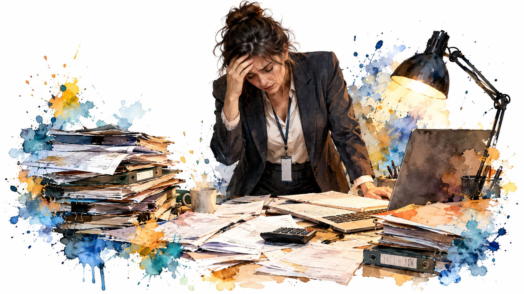 A stressed woman working at an office desk piled high with paperwork and documents under a lamp.