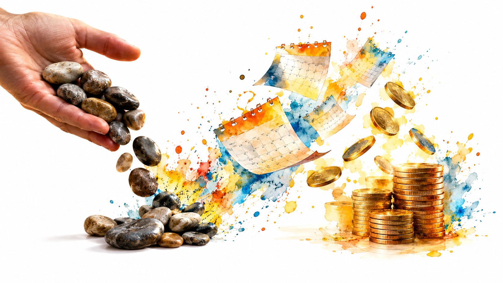 A hand pours smooth stones which transform into calendar pages and a stack of golden coins.