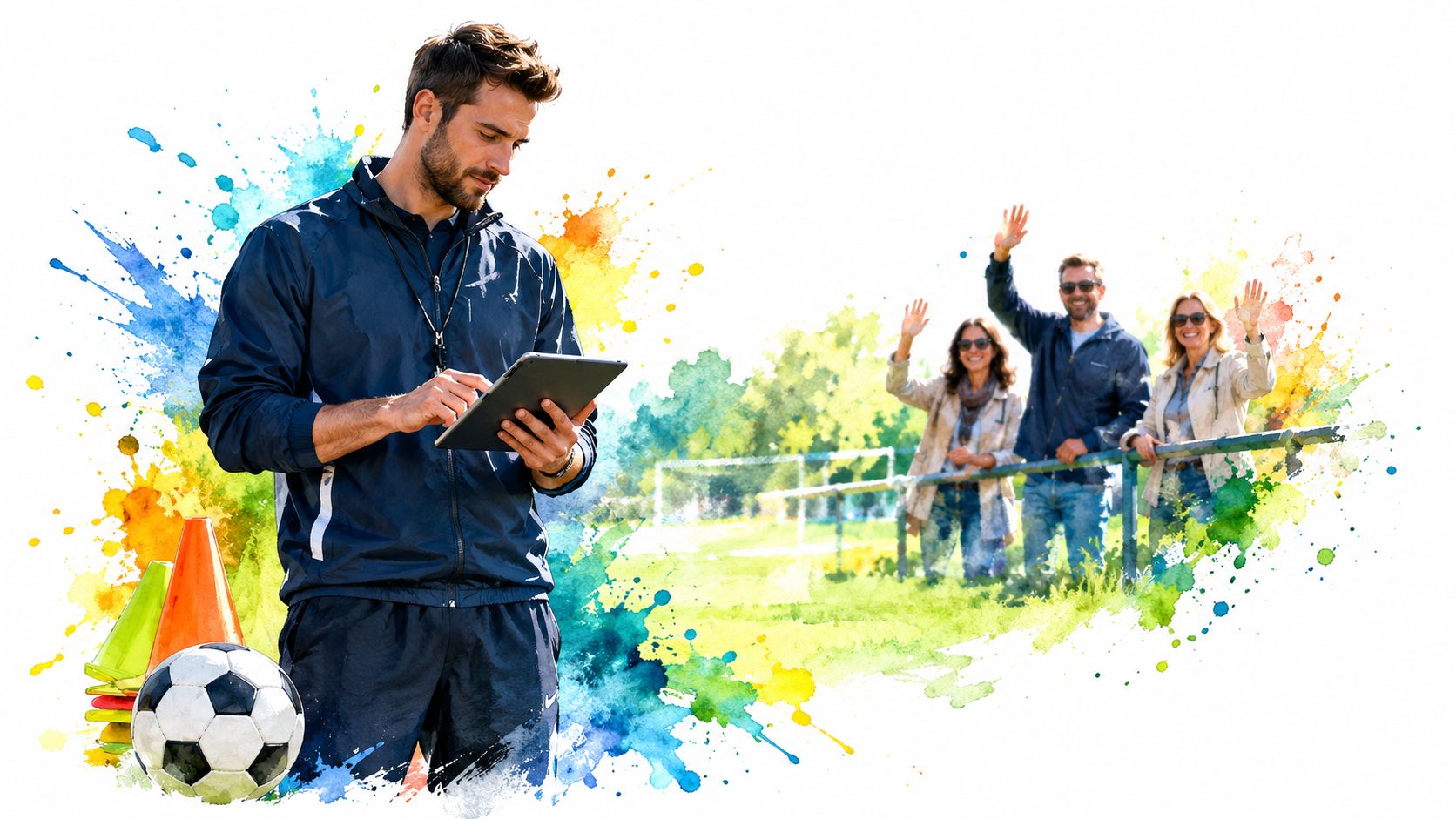 A professional sports coach using a digital tablet while coaching on a soccer field during practice.