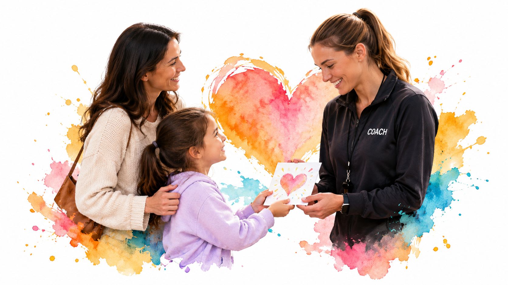 A young girl hands a heartfelt thank you note to her smiling coach with her mother standing nearby.