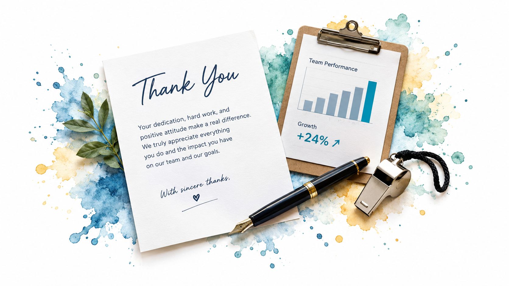 A thank you note, clipboard with a growth performance chart, fountain pen, and a whistle on white background.