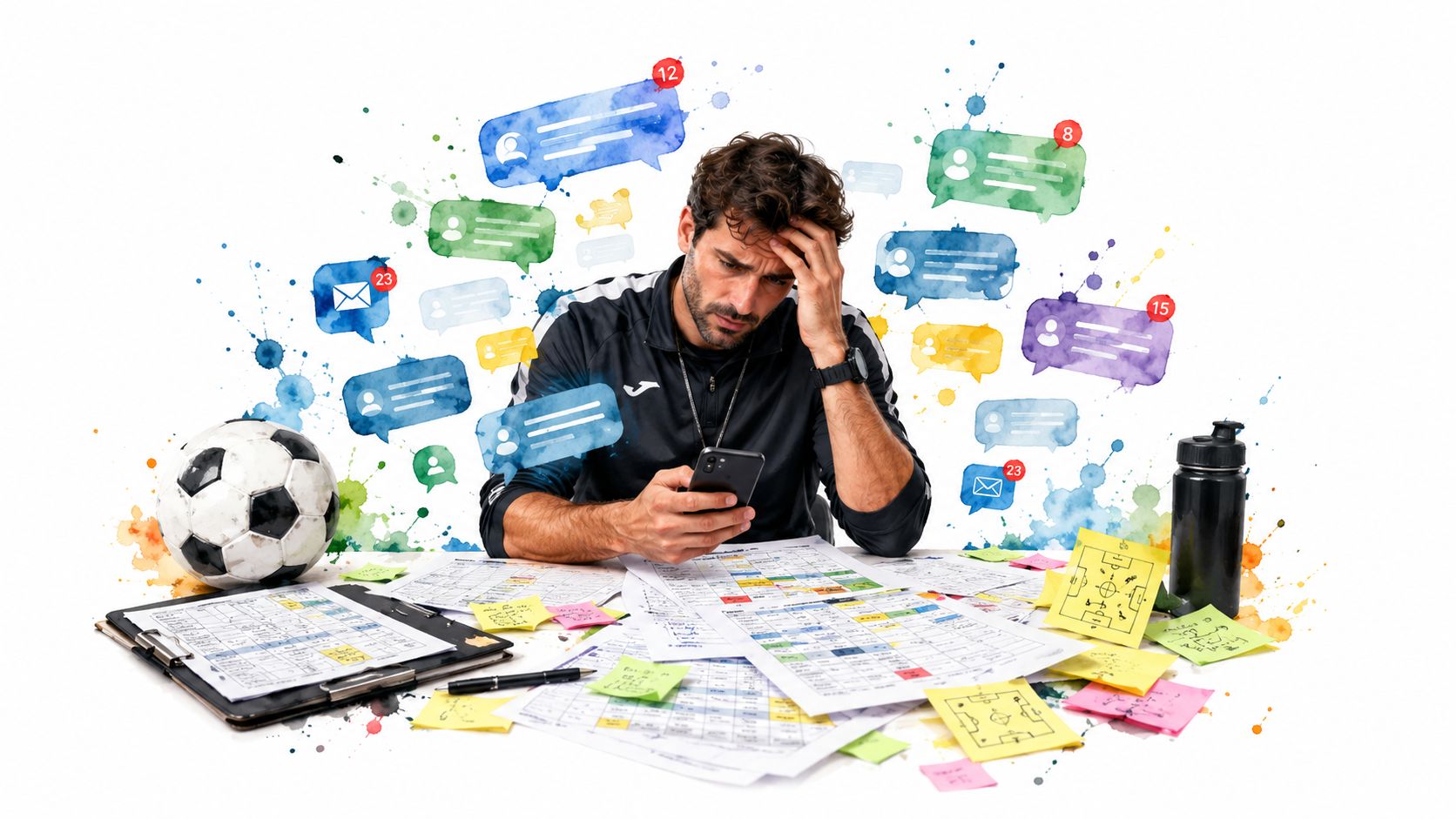 A stressed sports coach looking at his smartphone while surrounded by digital notification bubbles and documents.
