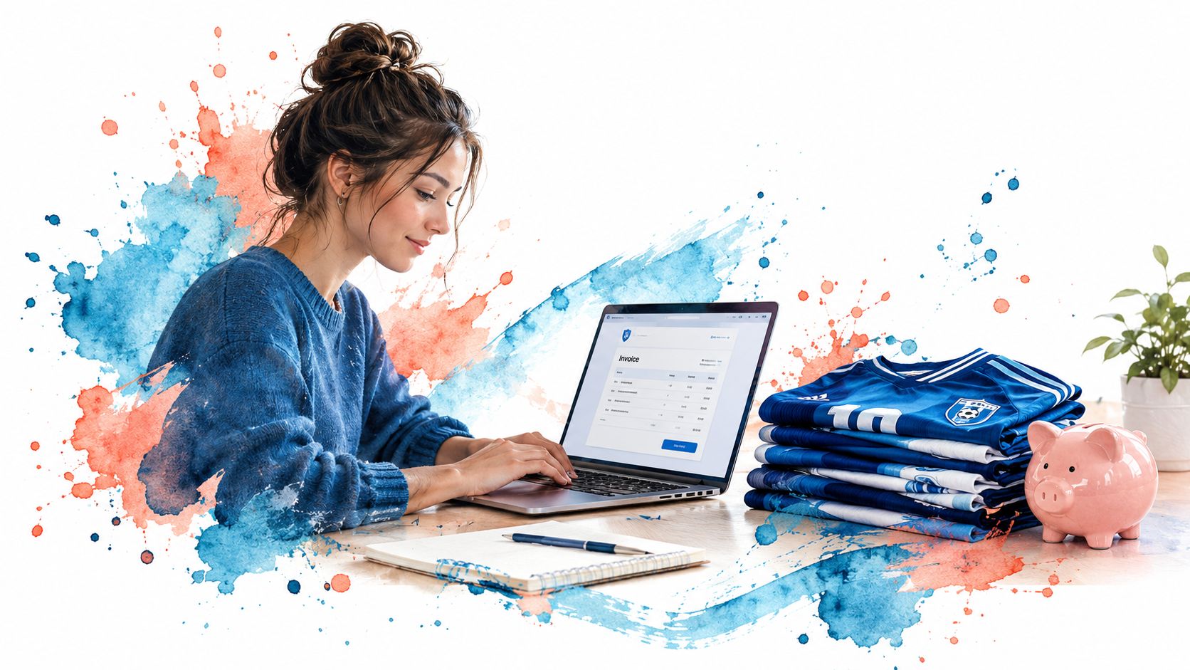 A woman working on a laptop with a stack of sports jerseys and a piggy bank nearby.