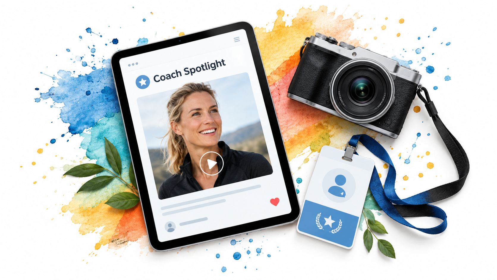 Digital tablet displaying a coach spotlight video next to a camera and a professional identification badge
