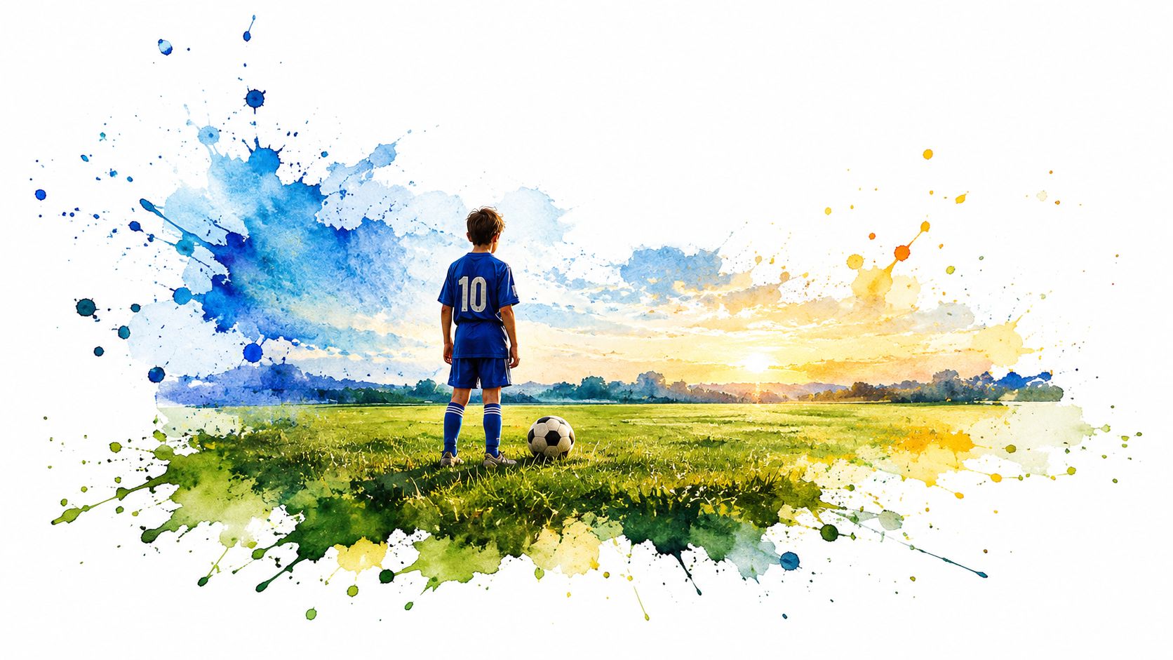 A young boy in a blue soccer uniform standing on a grassy field with a soccer ball.