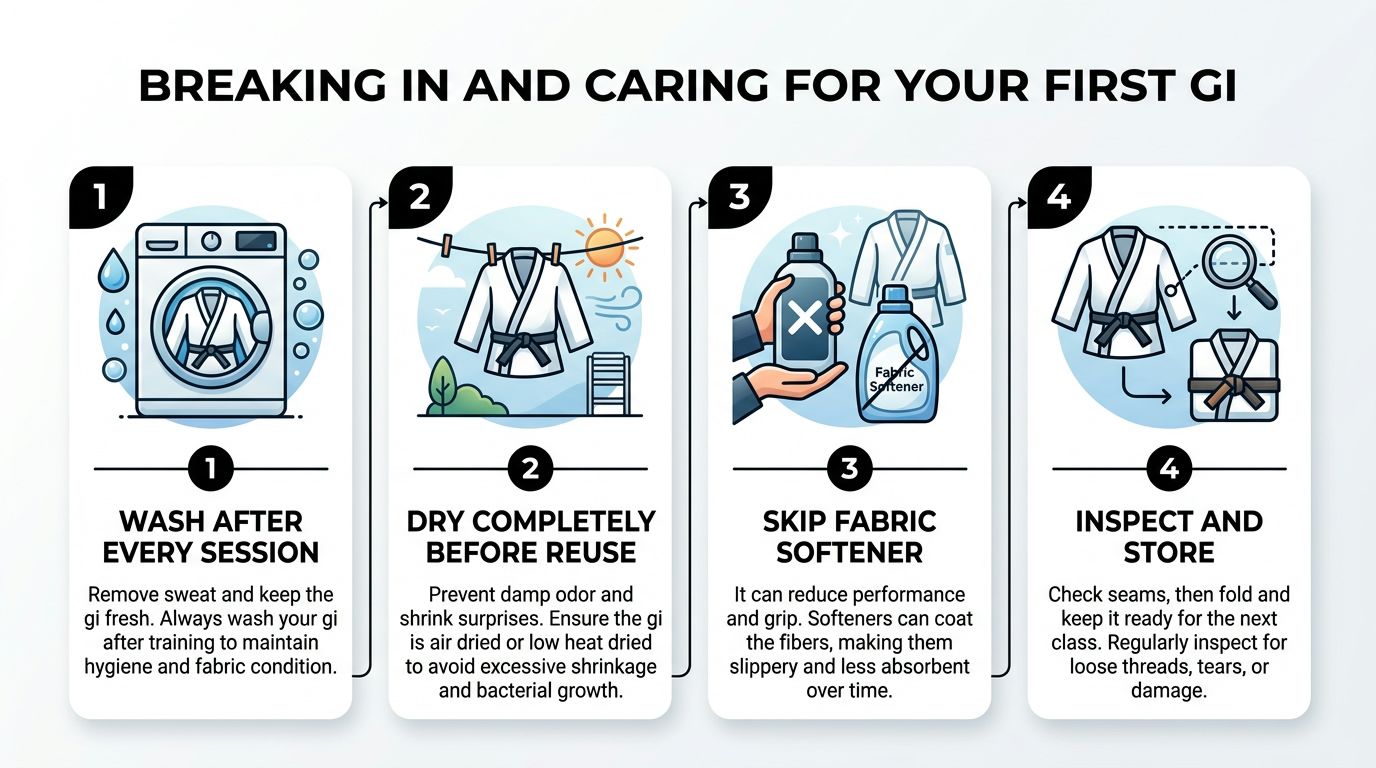An infographic showing four steps for breaking in and caring for a beginner jiu jitsu gi.