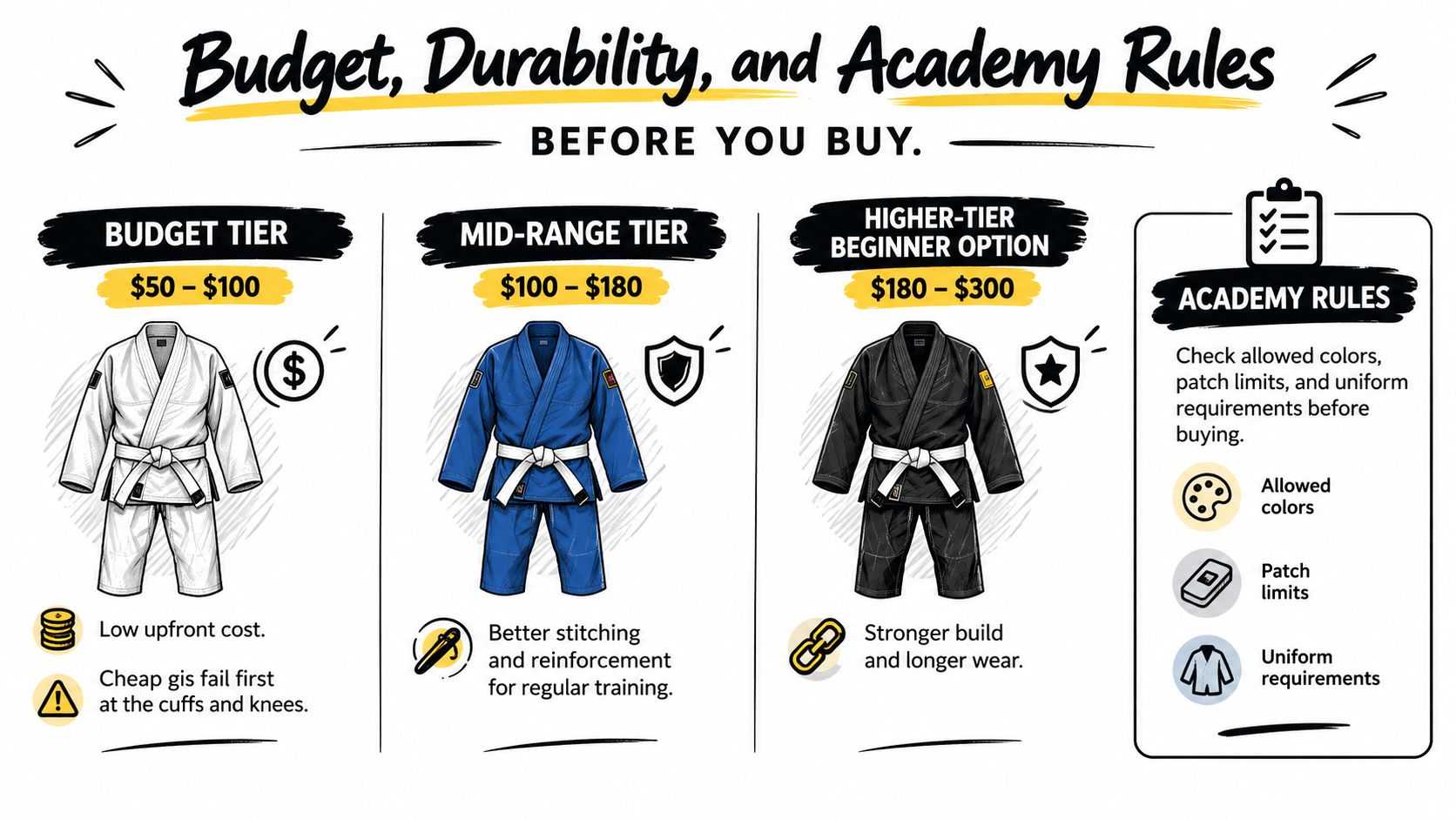 A guide comparing different tiers of Jiu-Jitsu gis by price, durability, and academy uniform requirements.