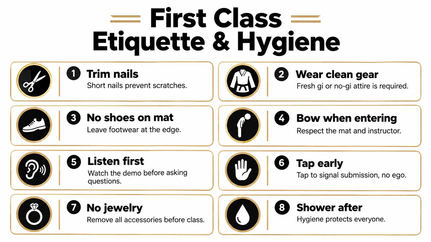 An infographic listing eight essential etiquette and hygiene rules for first-time students attending martial arts classes.
