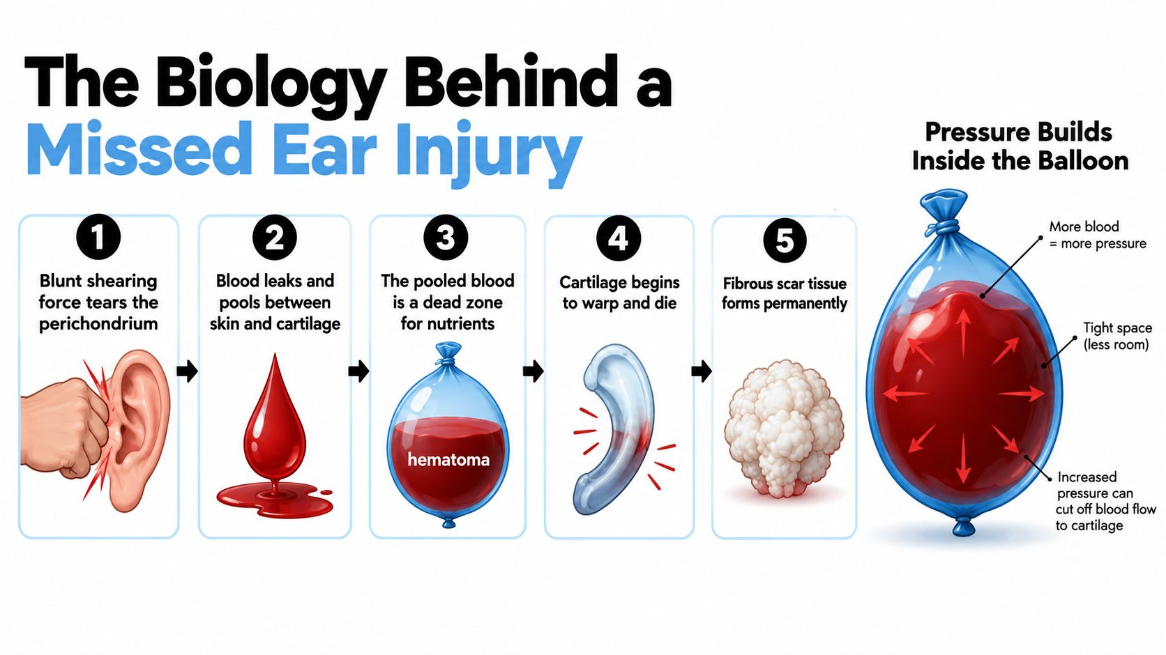 A five-step infographic showing how blunt force to the ear leads to cauliflower ear deformity.