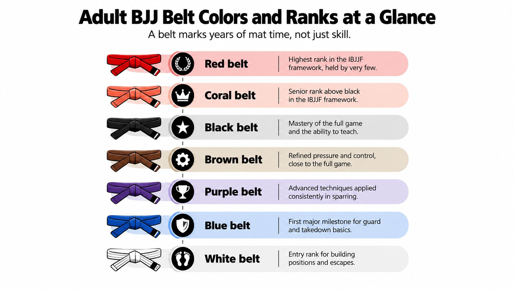 A diagram illustrating the hierarchy and progression of adult Brazilian Jiu Jitsu belt colors from white to red.