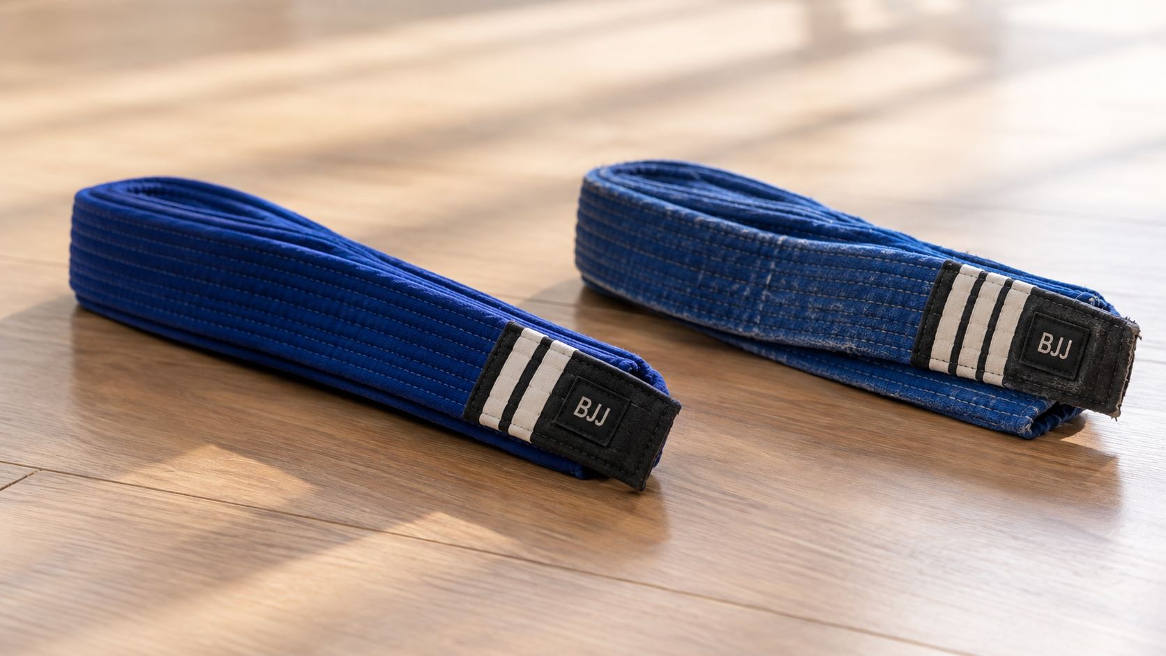 Two folded blue Brazilian Jiu-Jitsu belts with white stripes on a wooden floor background.