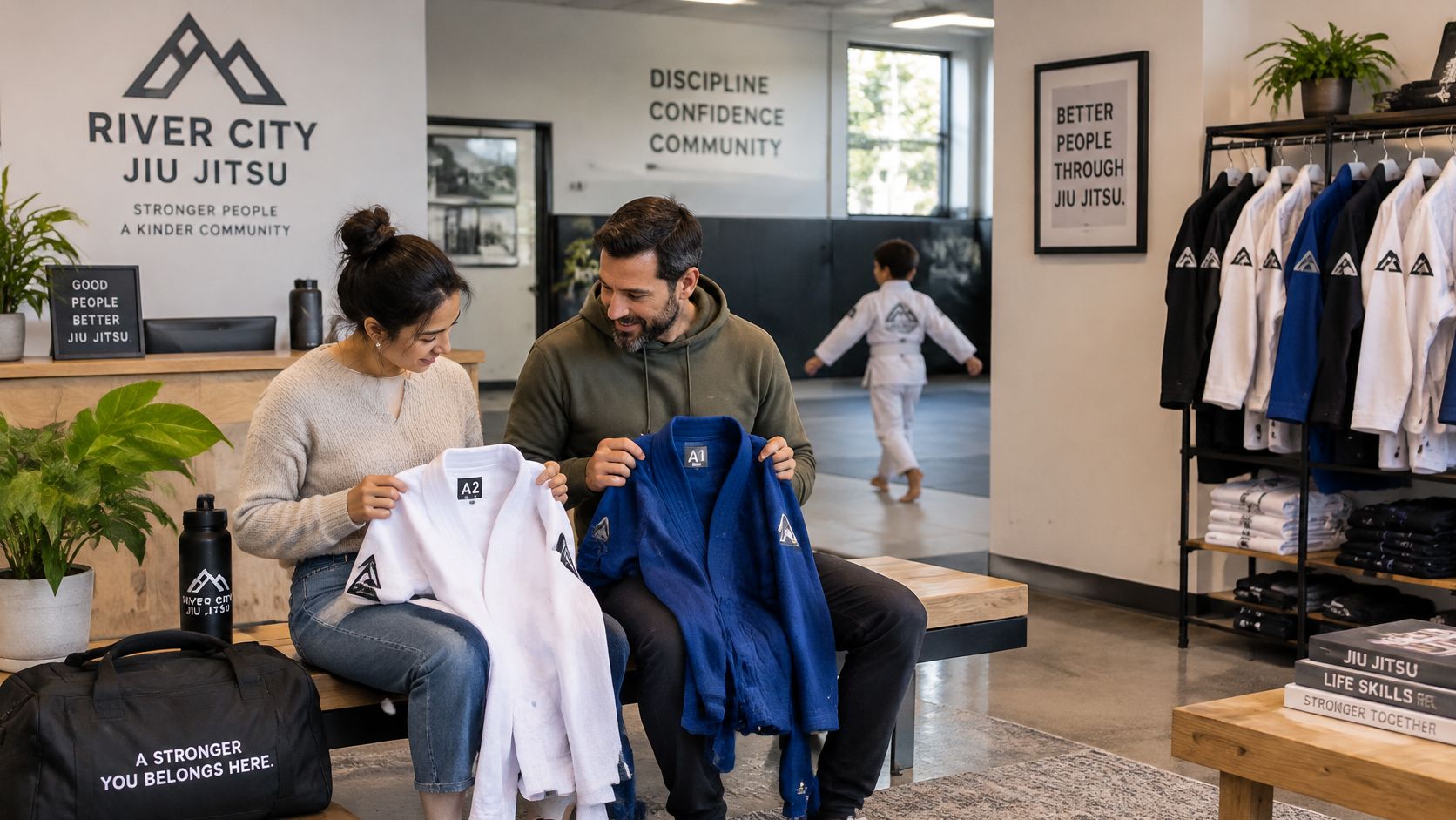A couple examining jiu-jitsu uniforms at a River City Jiu Jitsu school reception area.
